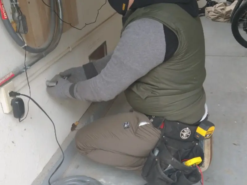 Electrician performing outlet wiring in a Throop garage
